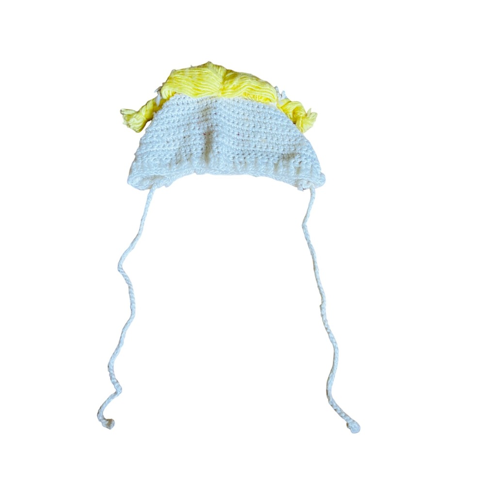 Handmade Crochet Baby Doll Bonnet White Yellow Braids Embroidered Face Beanie